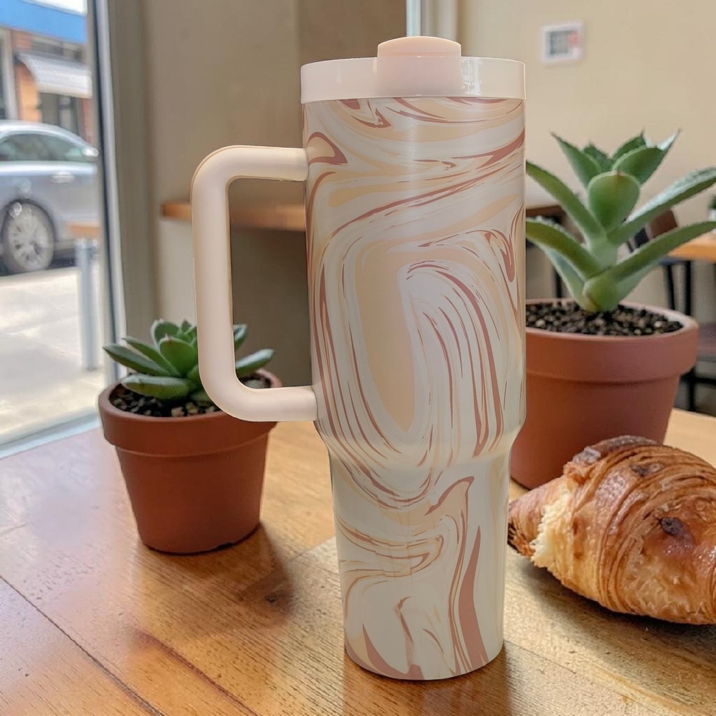 Elegant Marble Swirl Stainless Steel Tumbler with Handle & Lid – Insulated Travel Mug- 1200 ML