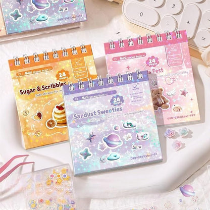 Mini Sticker Book Set 3 Glitter Stickers with Tweezer, 72 Pages Each, Double Coil Binding, Cute Kawaii Transparent Stickers for Scrapbooking DIY Crafts