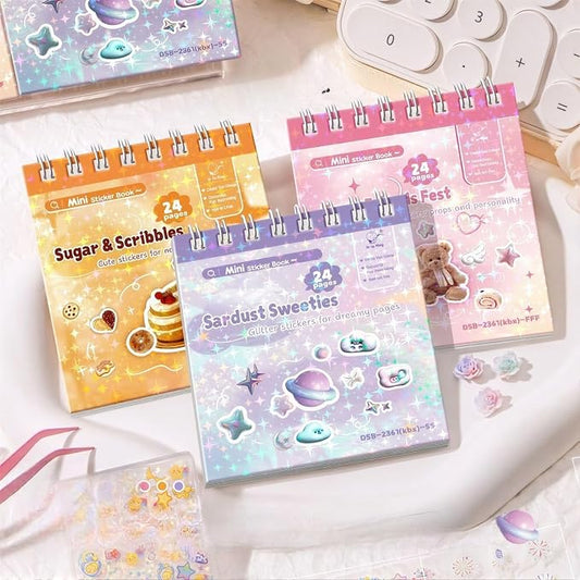 Mini Sticker Book Set 3 Glitter Stickers with Tweezer, 72 Pages Each, Double Coil Binding, Cute Kawaii Transparent Stickers for Scrapbooking DIY Crafts