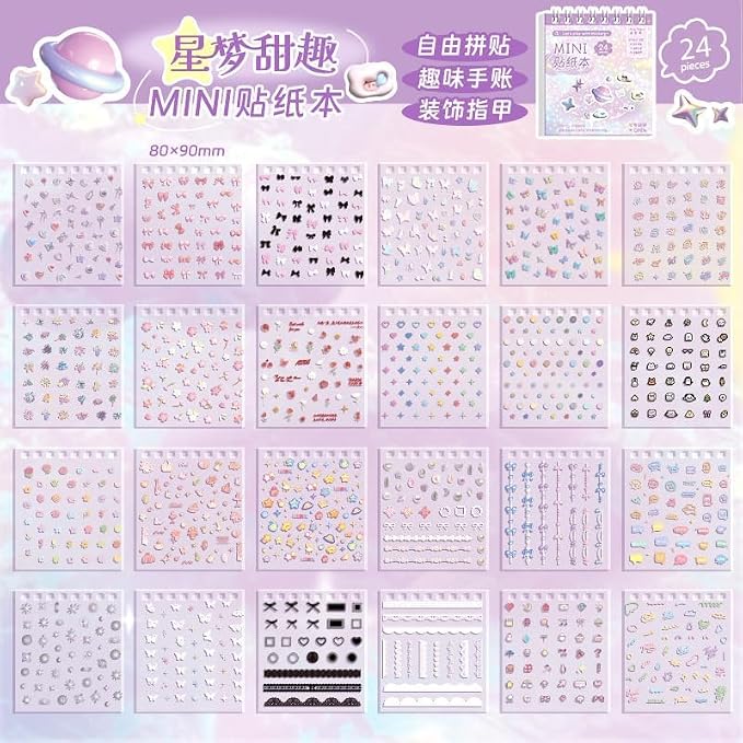 Mini Sticker Book Set 3 Glitter Stickers with Tweezer, 72 Pages Each, Double Coil Binding, Cute Kawaii Transparent Stickers for Scrapbooking DIY Crafts