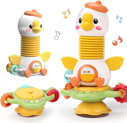 Goosey Giggles Baby Rattle Toy with Suction Cup - Musical Spinner Sensory Toy