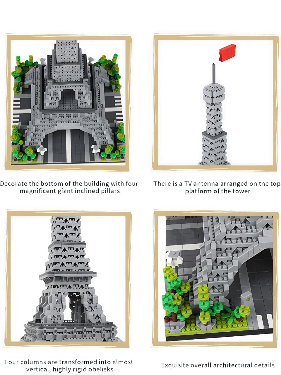 Eiffel Tower Building Blocks Set, 739 Pieces, Plastic, Grey White, Educational STEM Toy