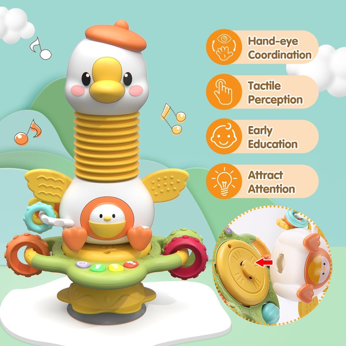 Goosey Giggles Baby Rattle Toy with Suction Cup - Musical Spinner Sensory Toy