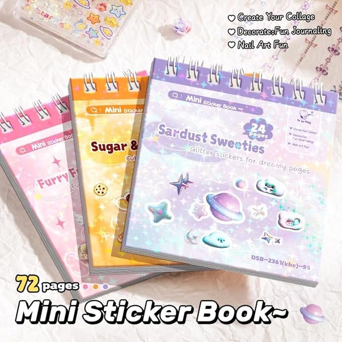 Mini Sticker Book Set 3 Glitter Stickers with Tweezer, 72 Pages Each, Double Coil Binding, Cute Kawaii Transparent Stickers for Scrapbooking DIY Crafts