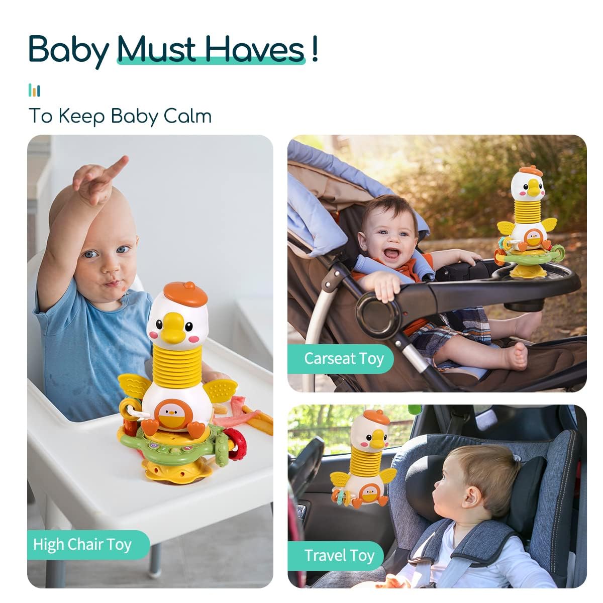 Goosey Giggles Baby Rattle Toy with Suction Cup - Musical Spinner Sensory Toy