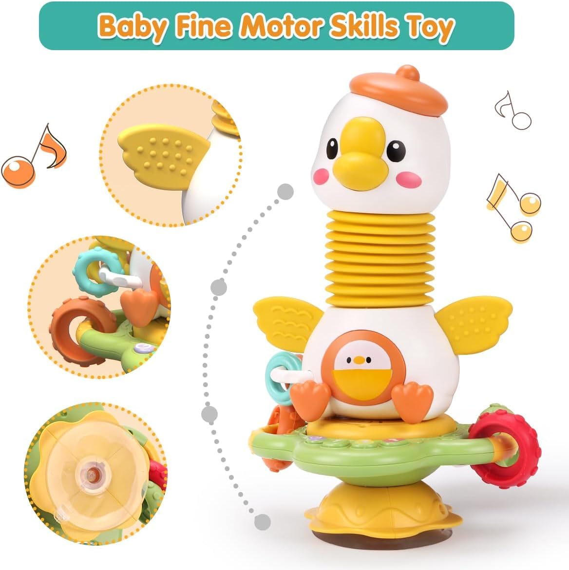 Goosey Giggles Baby Rattle Toy with Suction Cup - Musical Spinner Sensory Toy