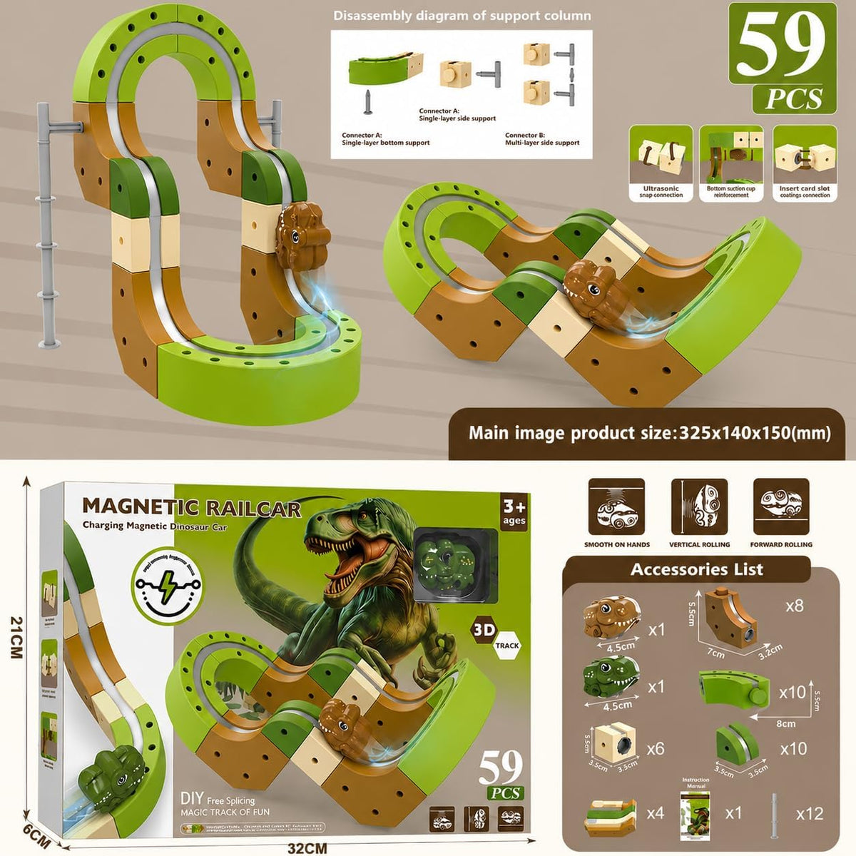 Magnetic Track Car Set for Kids, 59 Pcs Dinosaur Magnetic Rail Car Building Blocks Toy