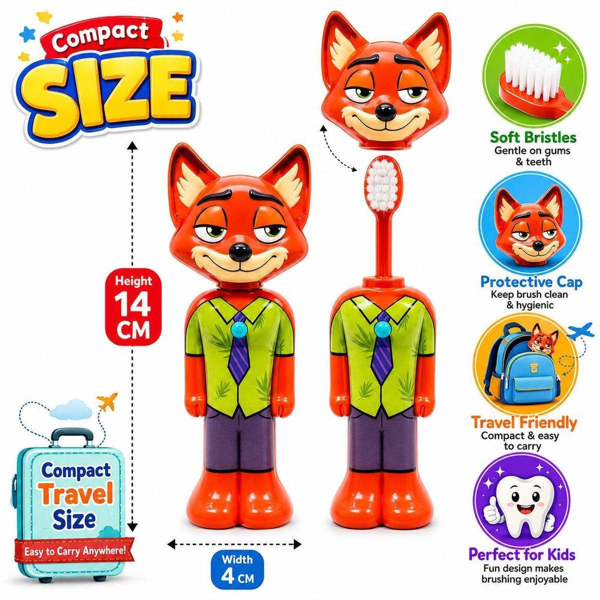 Cartoon Character Toothbrush with Soft Bristles & Protective Cap- Assorted
