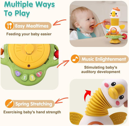 Goosey Giggles Baby Rattle Toy with Suction Cup - Musical Spinner Sensory Toy