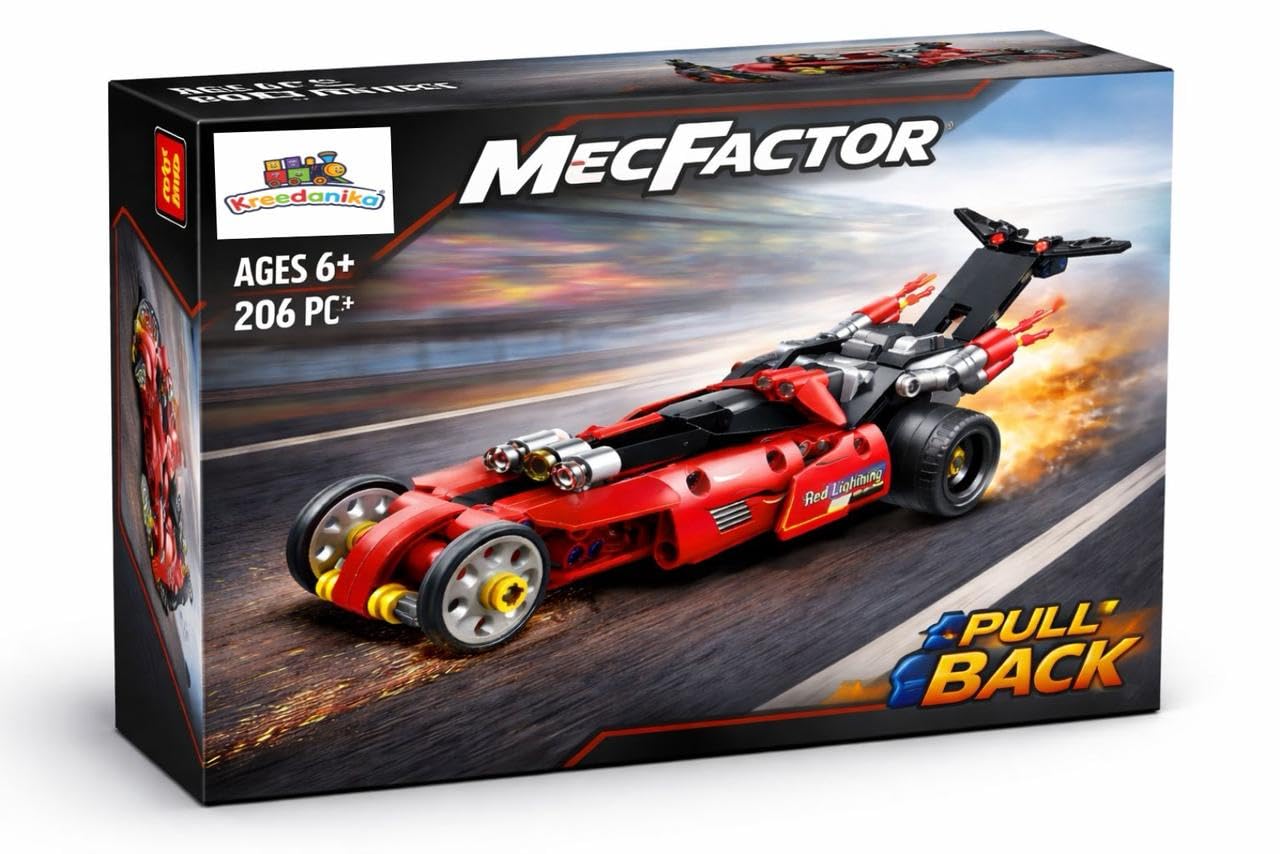 MecFactor Pull Back Racing Car Building Blocks Set for Kids, 204 Pieces, Construction Toy Vehicle