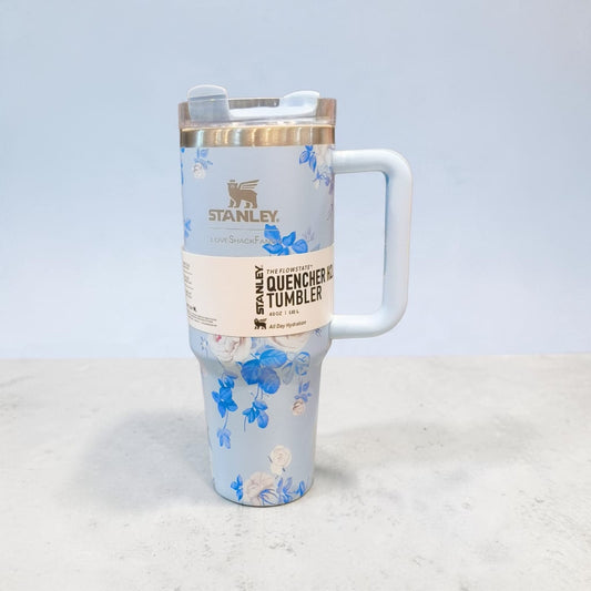 Blue Floral Travel Tumbler with Handle & Flip-Top Lid – 1.18L