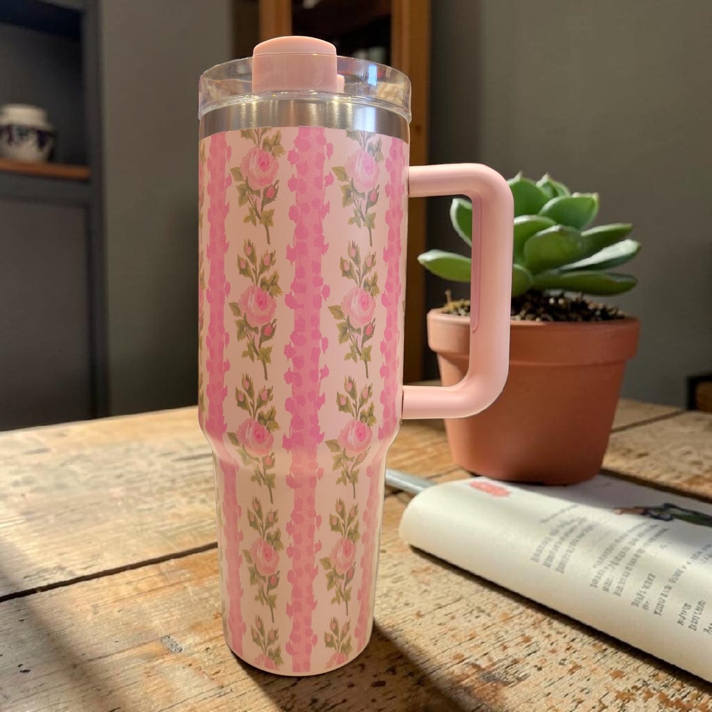 Pink Floral Stainless Steel Tumbler with Handle & Lid – Insulated Travel Mug- 1200 ML