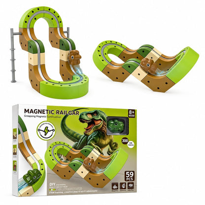 Magnetic Track Car Set for Kids, 59 Pcs Dinosaur Magnetic Rail Car Building Blocks Toy