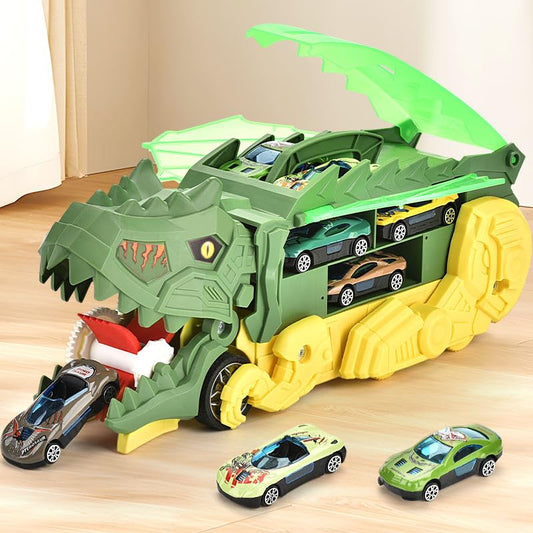 Dinosaur Car Carrier Truck Toy, Transforming T-Rex Vehicle with 6 Mini Cars