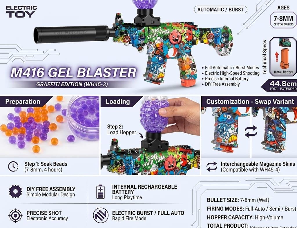 M416 Gel Blaster Electric Toy Gun with Graffiti Design