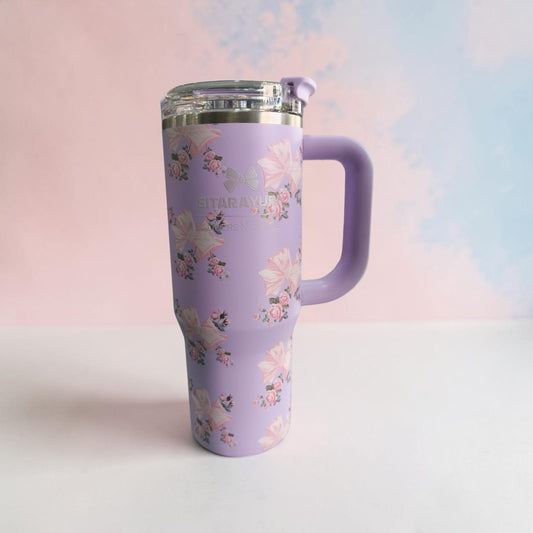 Lavender Floral Travel Tumbler with Handle & Clear Lid - 900 ML