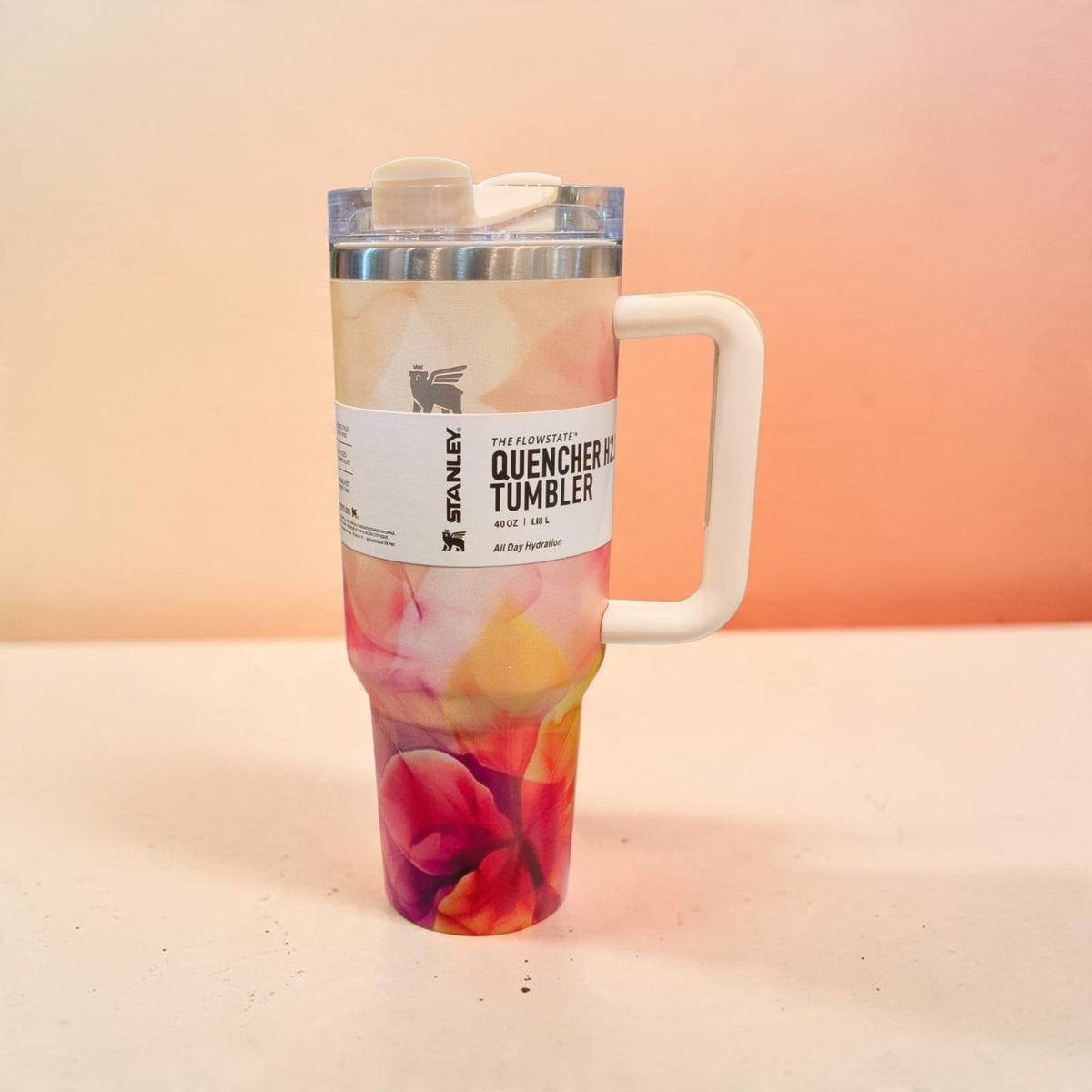 Multicolor Floral Travel Tumbler with Handle & Flip-Top Lid – 1.18L
