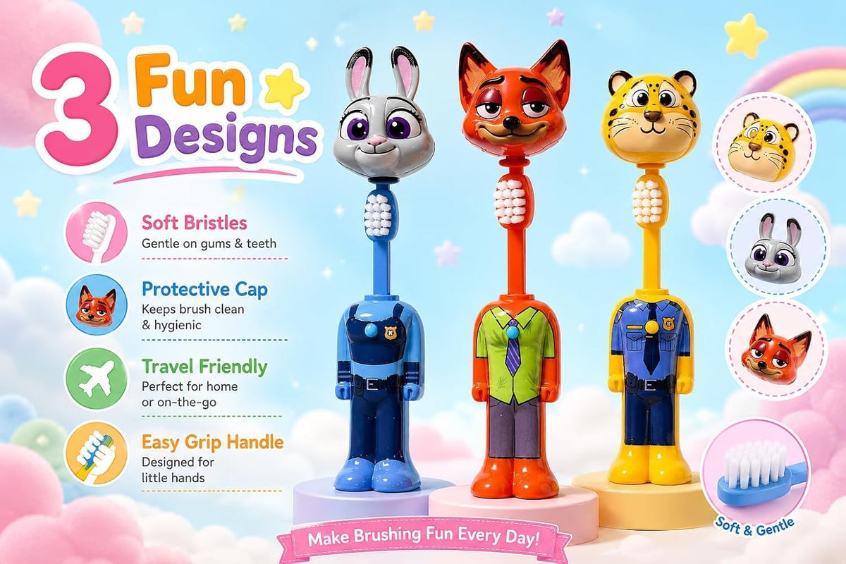 Cartoon Character Toothbrush with Soft Bristles & Protective Cap- Assorted