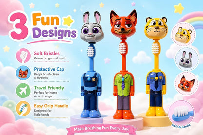 Cartoon Character Toothbrush with Soft Bristles & Protective Cap- Assorted