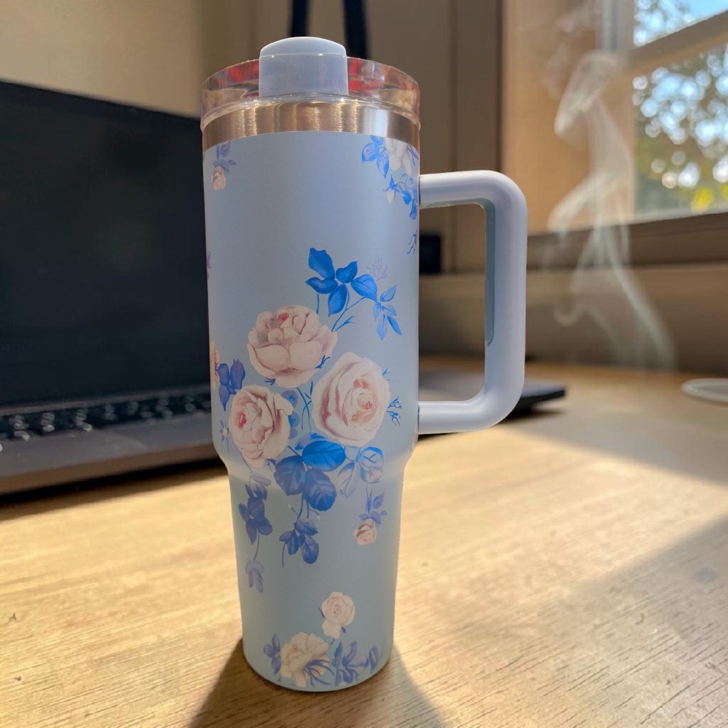 Blue Floral Stainless Steel Tumbler with Handle & Lid – Insulated Travel Mug- 1200 ML