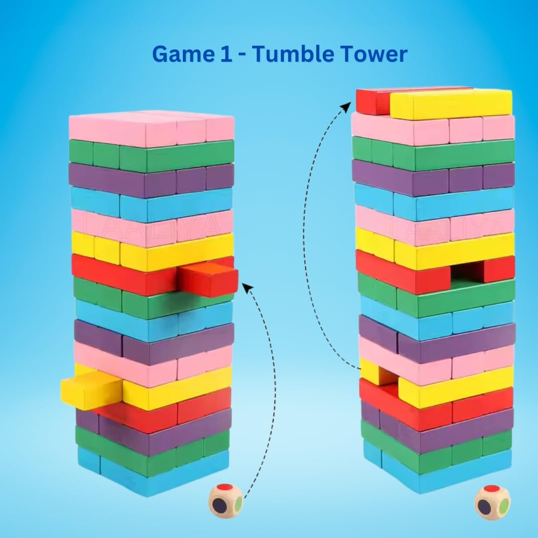 Wooden Stacking Tower Game – 54 Colorful Blocks with Dice