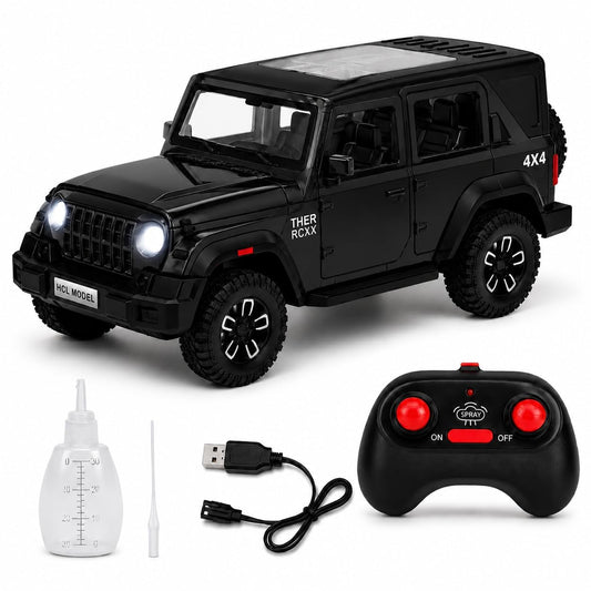 4x4 RC Off-Road Jeep with LED Lights, Water Spray Mist Effect & Remote Control, Rechargeable Rock Crawler Toy Car for Kids
