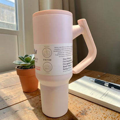 Minimalist Pink Insulated Travel Tumbler with Handle & 2-in-1 Lid – 40oz Stainless Steel Mug