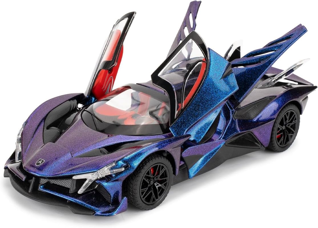 Apollo Evo - Purple Alloy Diecast Pullback Metal Car Toy with Sound Light & Opening Doors - Great Gift Toy for Kids