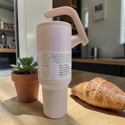 Minimalist Pink Insulated Travel Tumbler with Handle & 2-in-1 Lid – 40oz Stainless Steel Mug