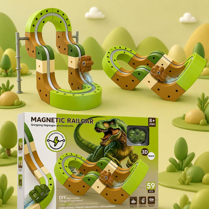 Magnetic Track Car Set for Kids, 59 Pcs Dinosaur Magnetic Rail Car Building Blocks Toy