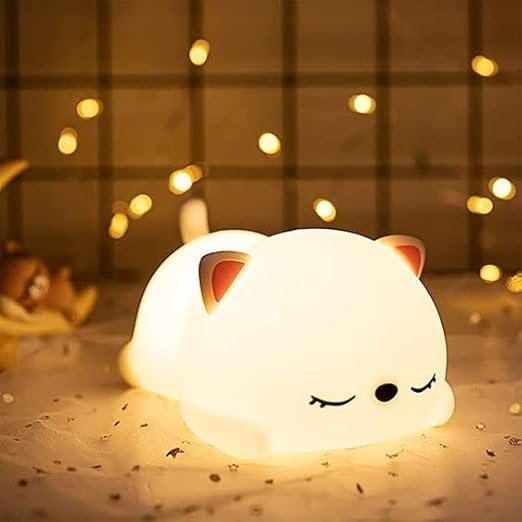 Snoring Cat Night Lamp with USB Rechargeable Touch Control - White