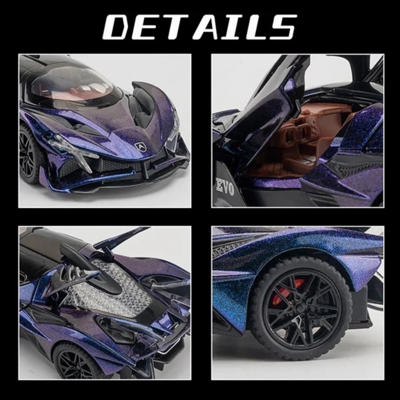 Apollo Evo - Purple Alloy Diecast Pullback Metal Car Toy with Sound Light & Opening Doors - Great Gift Toy for Kids