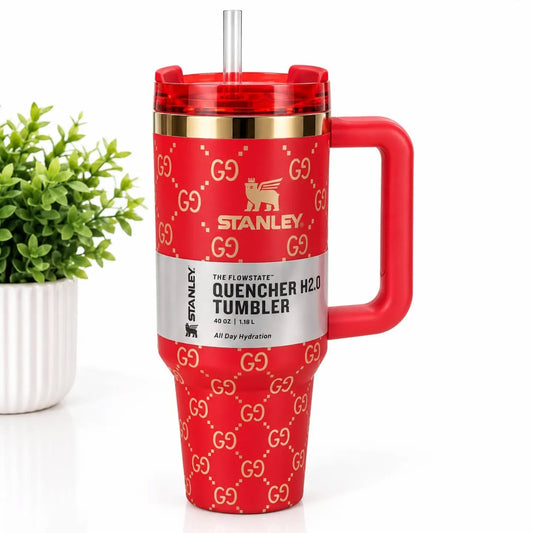 Red Designer Print Travel Tumbler with Handle, Straw & Lid – 1.18L