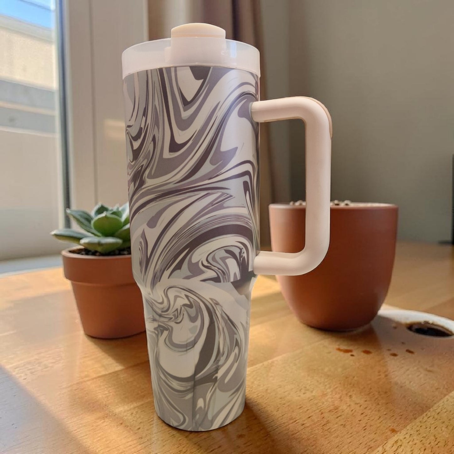 Elegant Marble Swirl Stainless Steel Tumbler with Handle & Lid – Insulated Travel Mug- 1200 ML