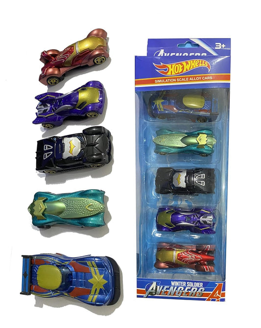 Diecast Metal Superhero Toy Vehicles Cars Set - Pack of 5 | Alloy Metal Push-N-Go Car Toys | Mini Racing Cars for Toddlers, Girls and Boys Car Play Set for Kids (Assorted, Mix design)