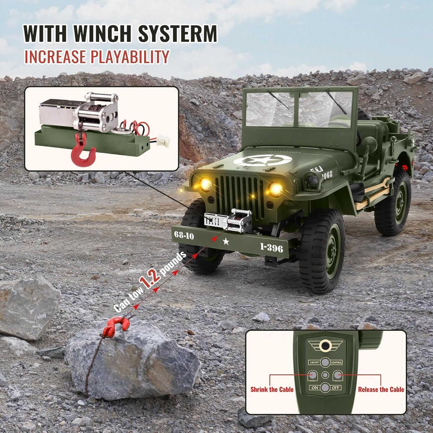 Military Style RC Jeep 4WD - 1.10 Scale – All Terrain Off-Road Remote Control Car