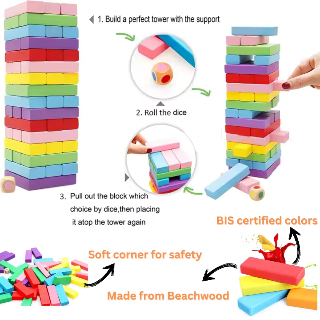 Wooden Stacking Tower Game – 54 Colorful Blocks with Dice