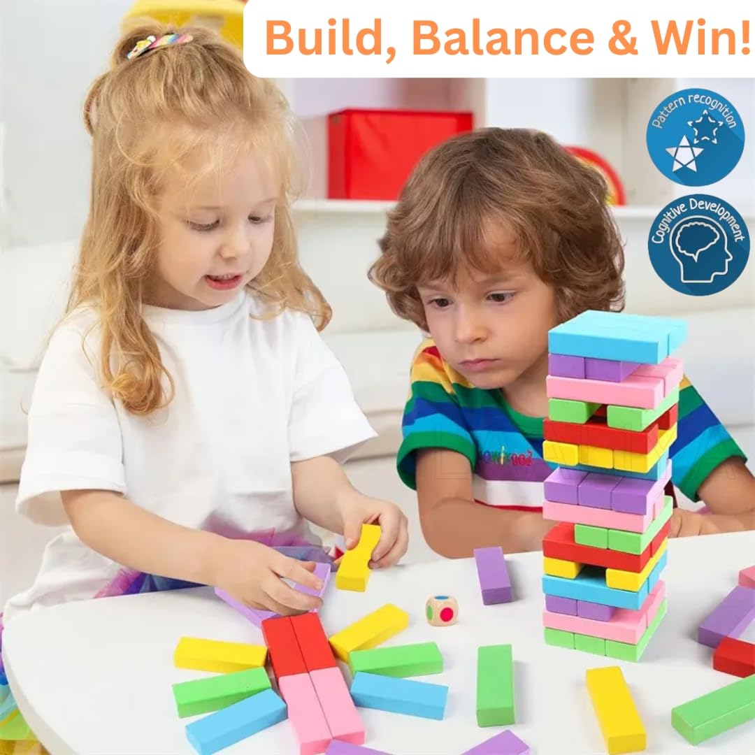 Wooden Stacking Tower Game – 54 Colorful Blocks with Dice