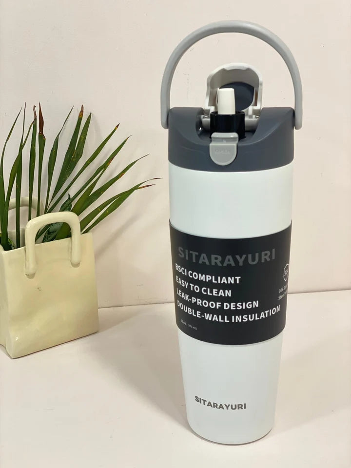 Sitarayuri Insulated Water Bottle with Flip Straw Lid & Carry Handle - white and Black