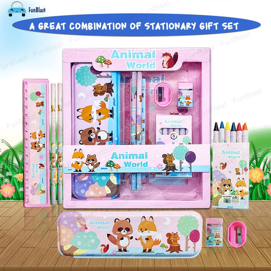 Cartoon Theme Stationery Kit for Kids – Kawaii Stationery for Kids, Pencil Box, Pencils, Crayons, Sharpeners, Erasers for Kids, School Stationery Supply, Return Gifts for Kids (Animal World)