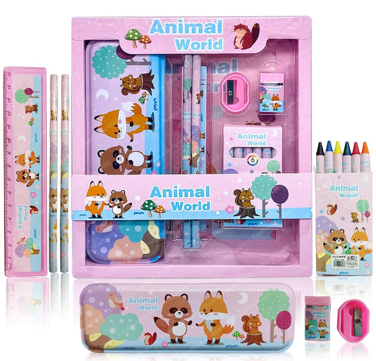 Cartoon Theme Stationery Kit for Kids – Kawaii Stationery for Kids, Pencil Box, Pencils, Crayons, Sharpeners, Erasers for Kids, School Stationery Supply, Return Gifts for Kids (Animal World)
