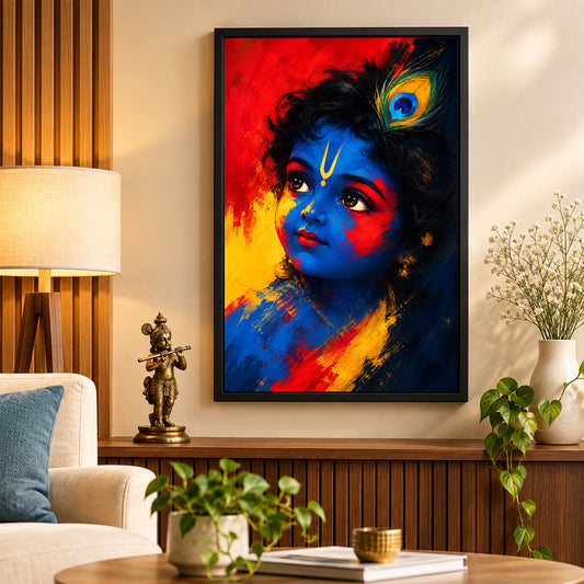 Krishna Wall Poster with Frame – 12 × 18 Inch Vibrant Krishna Artwork | Ready to Hang