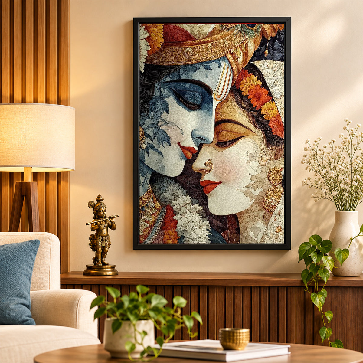 Radha Krishna Wall Poster with Frame – 12 × 18 Inch Vibrant Radha Krishna Artwork | Ready to Hang