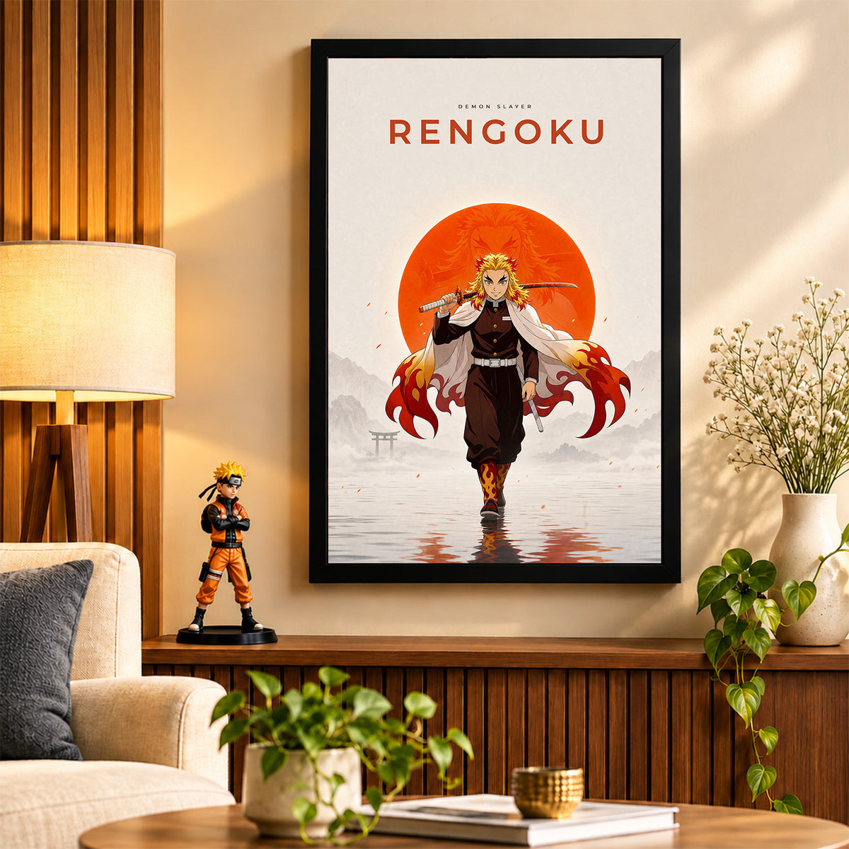 Rengoku Demon Slayer Wall Poster with Frame – 12 × 18 Inch Vibrant Artwork | Ready to Hang