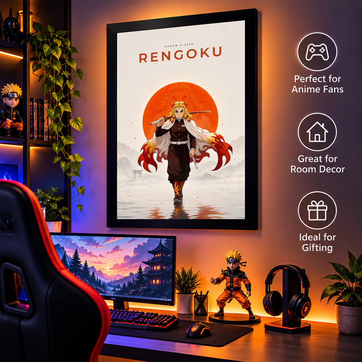 Rengoku Demon Slayer Wall Poster with Frame – 12 × 18 Inch Vibrant Artwork | Ready to Hang