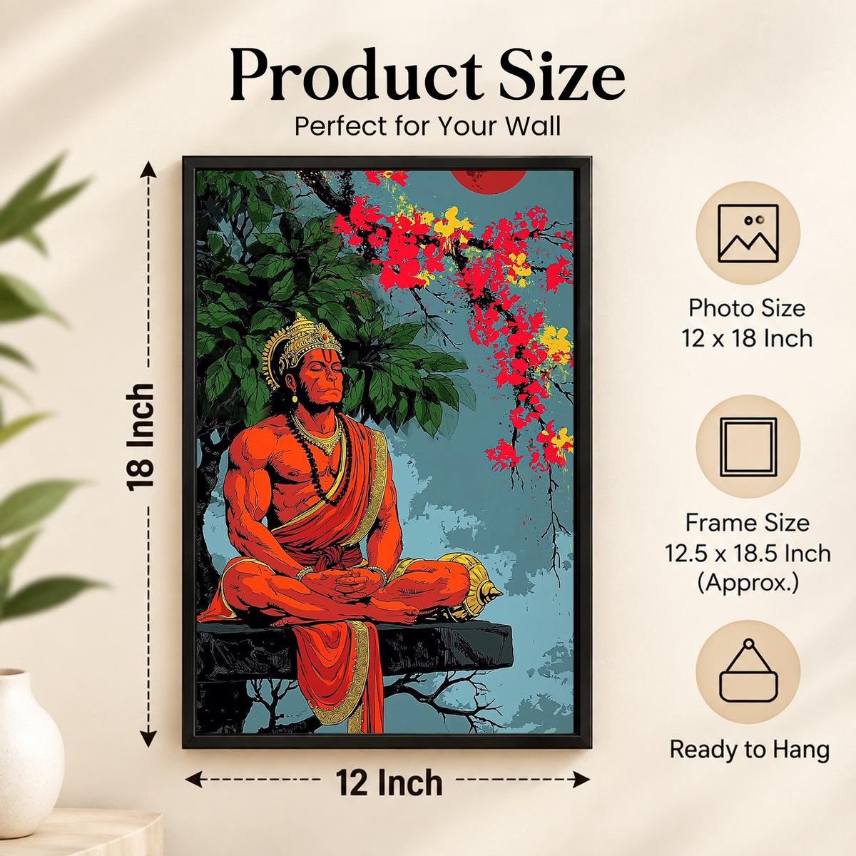 Hanuman Wall Poster with Frame – 12 × 18 Inch Vibrant Hanuman Artwork | Ready to Hang
