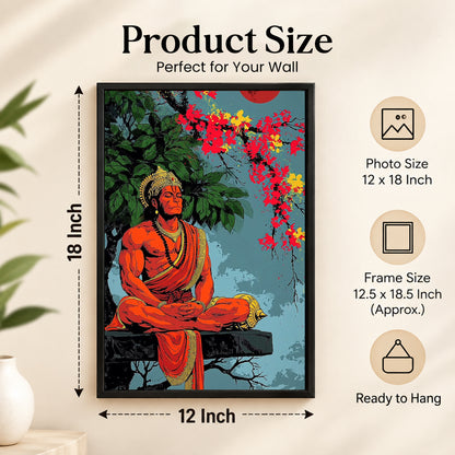 Hanuman Wall Poster with Frame – 12 × 18 Inch Vibrant Hanuman Artwork | Ready to Hang