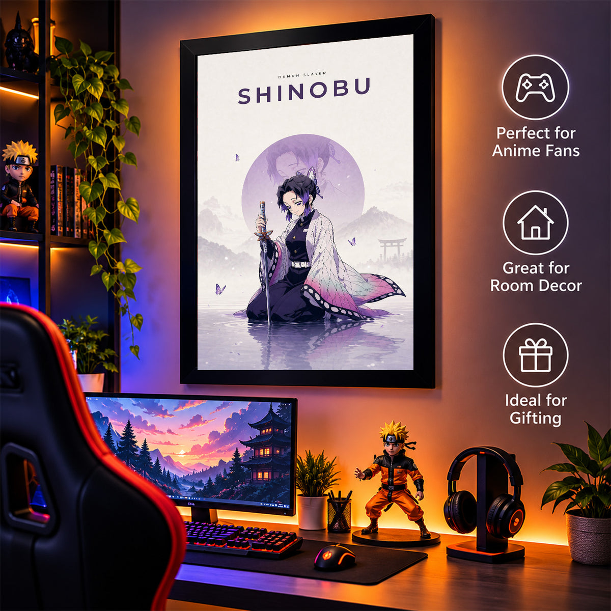 Shinobu Demon Slayer Wall Poster with Frame – 12 × 18 Inch Vibrant Artwork | Ready to Hang