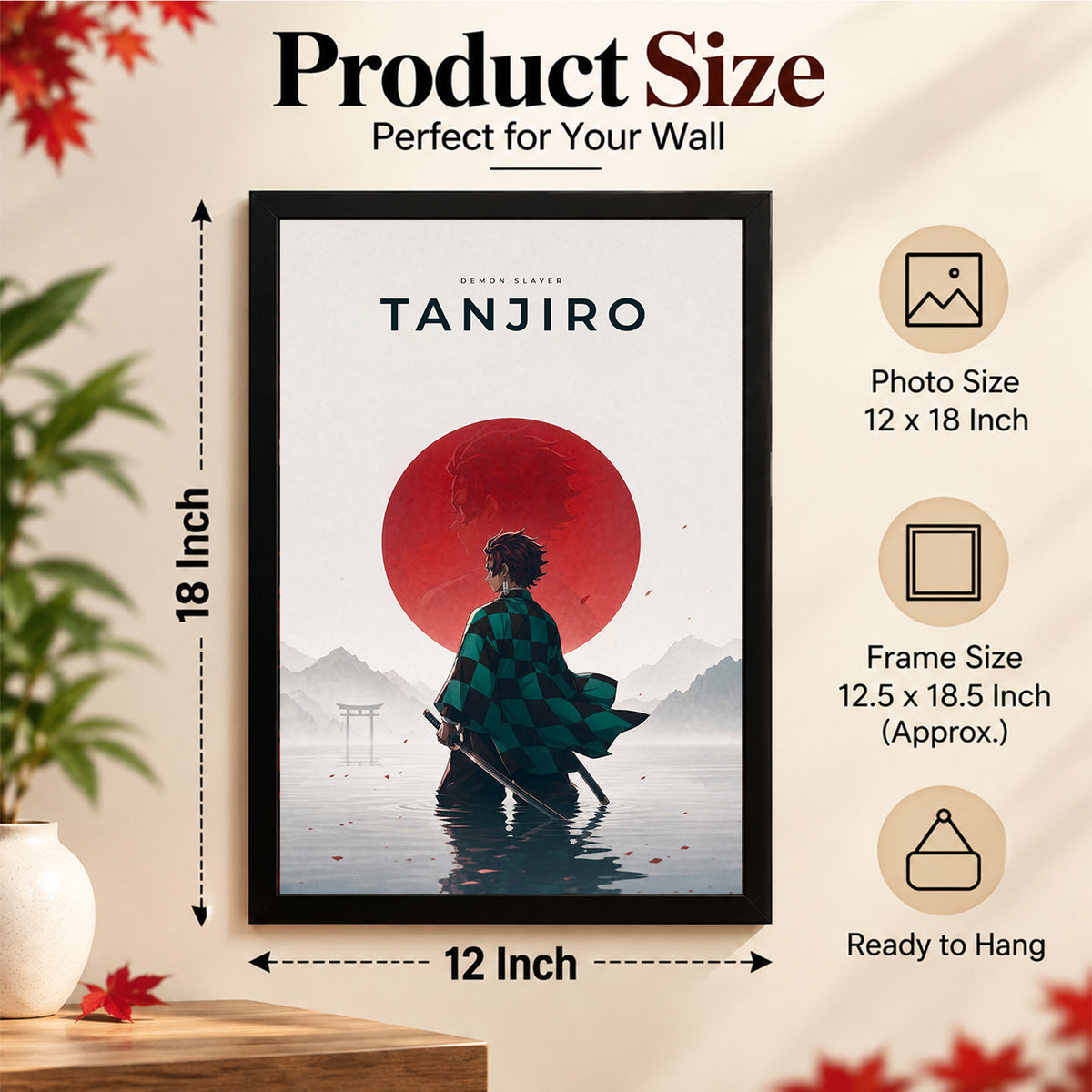 Tanjiro Demon Slayer Wall Poster with Frame – 12 × 18 Inch Vibrant Artwork | Ready to Hang