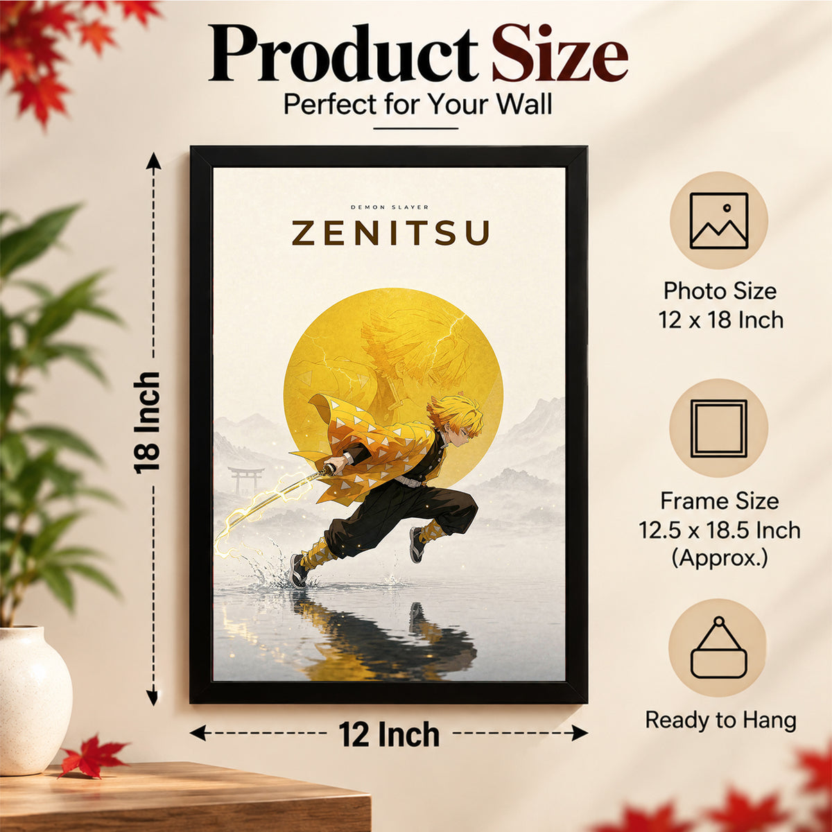 Zenitsu Demon Slayer Wall Poster with Frame – 12 × 18 Inch Vibrant Artwork | Ready to Hang